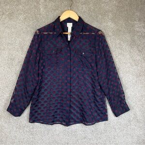 Chico’s Shirt Womens 1 Petite Blue Purple Polka Dot Sheer Button Front- 2297*